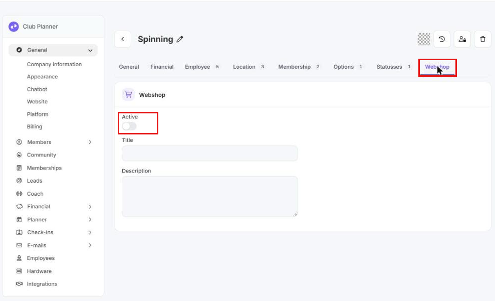 Tabblad Webshop van een activiteit